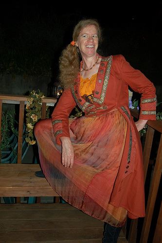 Carole wearing a pirate outfit from items in her closet.